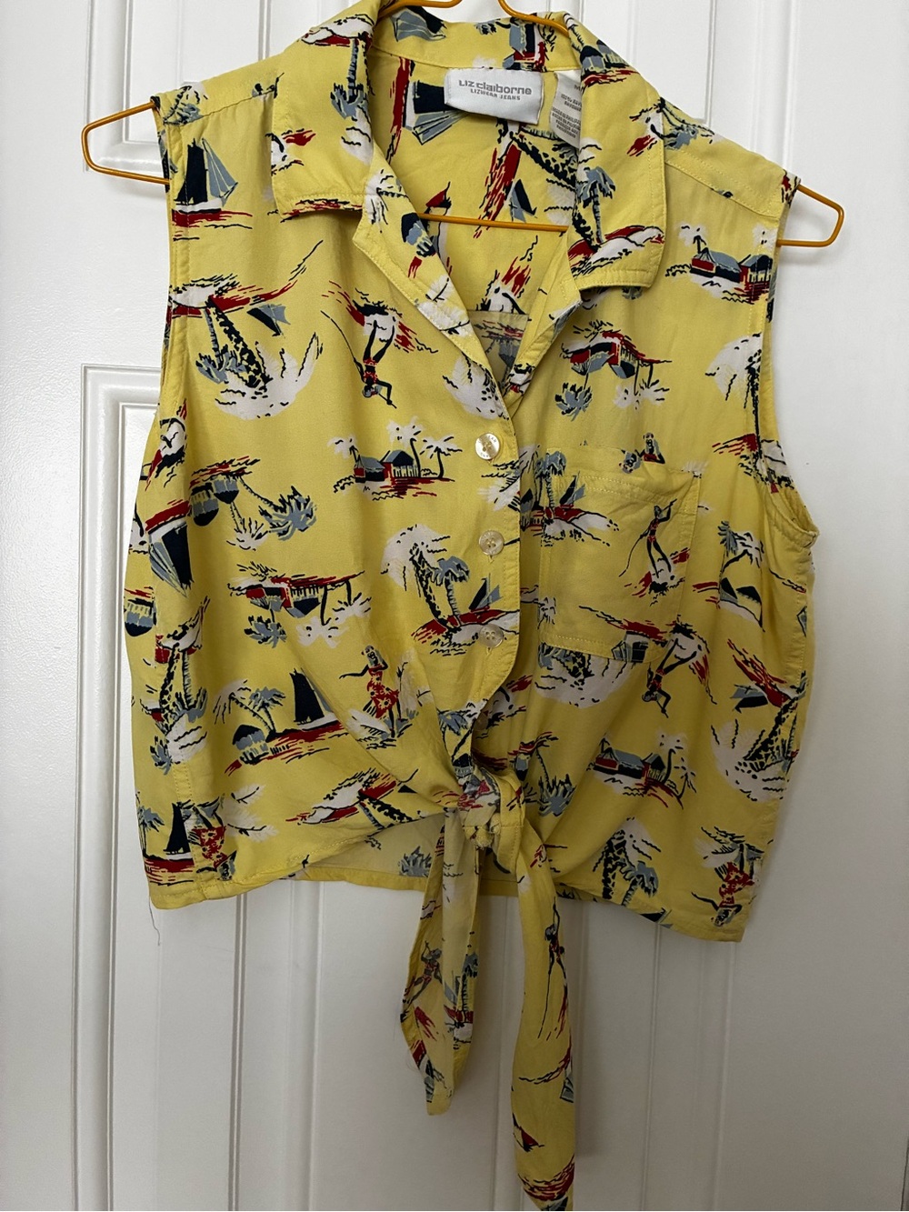 Liz Claiborne Vintage Sleeveless Yellow Pattern Crop Top For Women